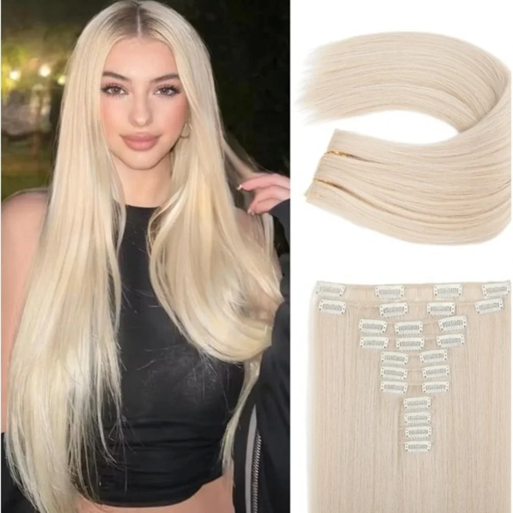 REECHO‎ Blonde Clip in Hair Extensions Long Straight Hairpiece Women
